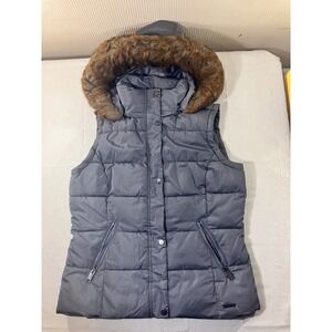 Marc New York Performance Womens Gray Hooded Puffer Vest Faux Fur Trim M‎